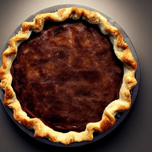 Image similar to a pie with eyes peeking out from under the crust, unreal engine, octane render