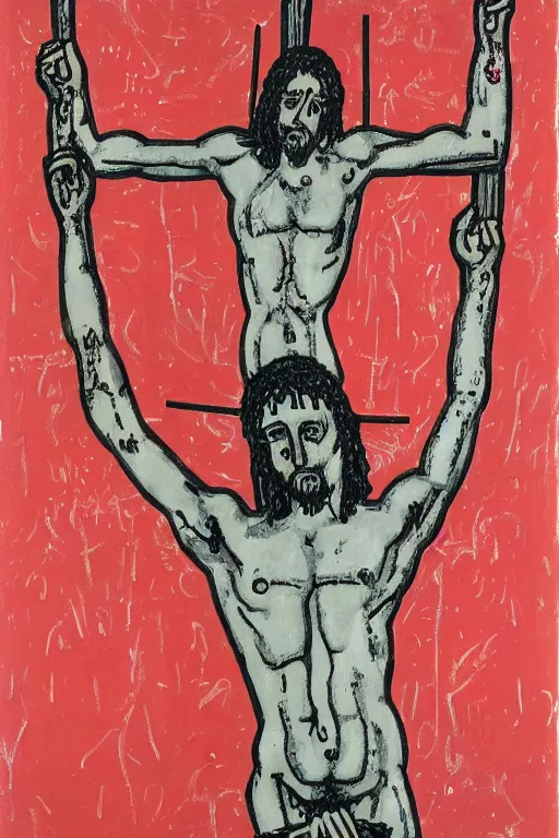 Image similar to bloody jesus christ crucified painted by cy twombly and keith haring