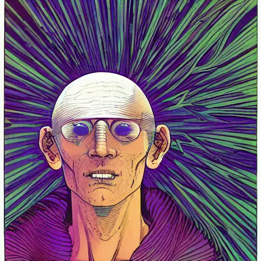 Prompt: moebius portrait of a zen EEG meditator, cyberpunk science fiction, ultra detailed ecstatic facial expression somewhere between happiness and love, electrodes on scalp, incredible illustration