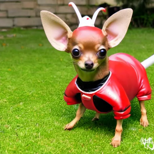 Image similar to photo of mini brown chihuahua in a bowser costume. Post processing , award winning , masterpiece , photo realistic