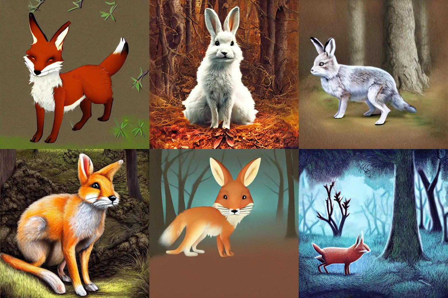 Prompt: Digital art of a rabbit mixed with a fox in the woods