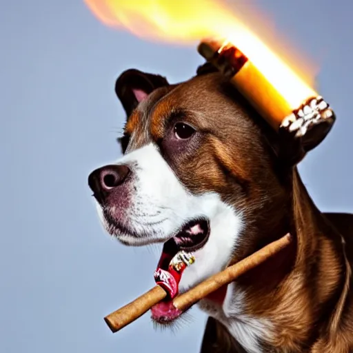 Prompt: photo of dog with lit cigar in mouth, smoking