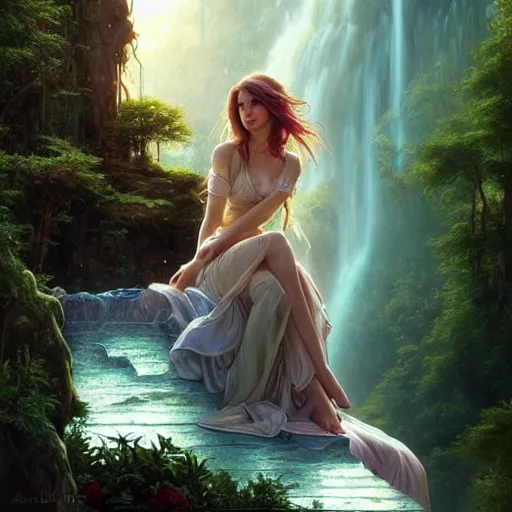 Image similar to fantasy maiden sitting on top of a piano combined with waterfall, nature, realistic, cinematic lighting, highly detailed, digital painting, Artstation popular, illustration, art by Artgerm and Greg Rutkowski and Alphonse Mucha