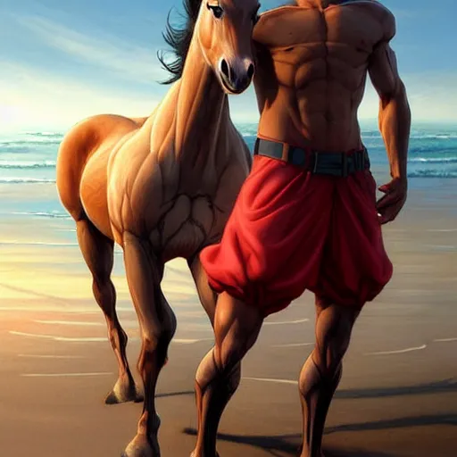 Image similar to a male horse humanoid stansing on the beach,wearing red shorts,anthropomorphic,Character design by charlie bowater, ross tran, artgerm, and makoto shinkai, detailed, inked, western comic book art, 2021 award winning painting,digital art,ultra realistic,ultra detailed,art by greg rutkowski,muscular,detailed face,hyperdetailed,hyperrealistic,detailed face,photorealistic,realistic,4k,SFW