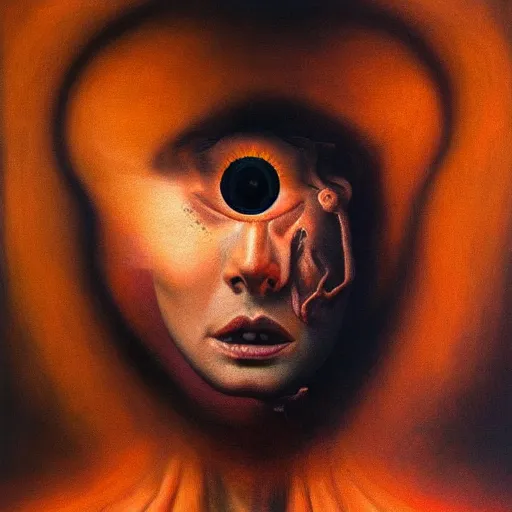 Image similar to dramatic portrait painting of woman with large crying eyes with black mandelbrot fractal instead of face, in style of zdzisław beksinski, horror, body horror, dark, disturbing,