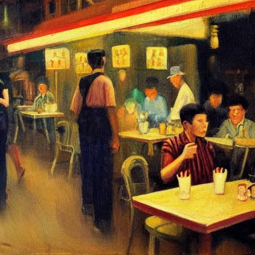 Image similar to Hopper painting of people in a cafe at night in Kowloon Walled City, Hong Kong