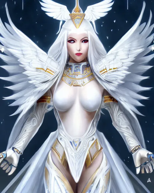 Image similar to perfect white haired egyptian goddess wearing white dove wings, warframe armor, regal, attractive, ornate, sultry, beautiful, ice queen, half asian, pretty face, blue eyes, detailed, scifi platform, 4 k, ultra realistic, android body, illuminated, cinematic, masterpiece, art by akihito tsukushi, voidstar, artgerm