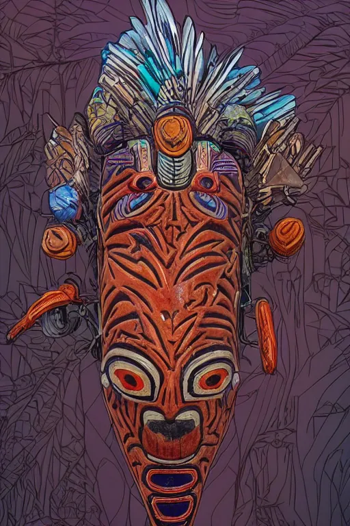 Image similar to totem animal tribal chaman vodoo mask feather gemstone plant global illumination ray tracing hdr that looks like it is from borderlands and by feng zhu and loish and laurie greasley, victo ngai, andreas rocha, john harris