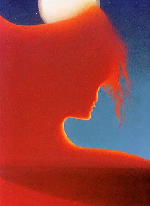 Image similar to woman with long red glowing hair on an iceberg in space Edward Hopper and James Gilleard, Zdzislaw Beksinski highly detailed