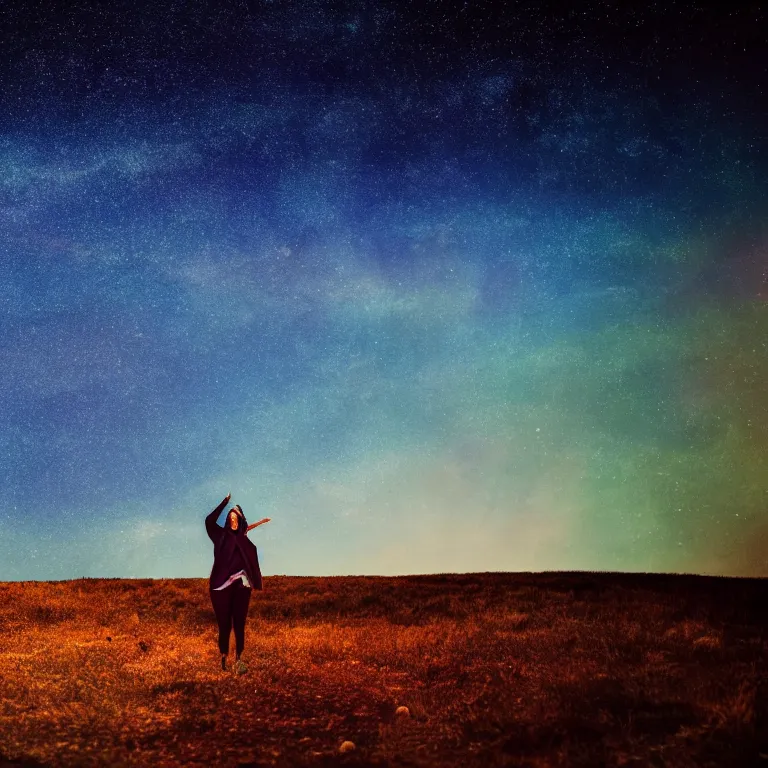 Prompt: a beautiful landscape of a starry sky with an beautiful woman waving to the horizon, cinematic, dramatic, color grading, photojournalism, colorful, highly detailed