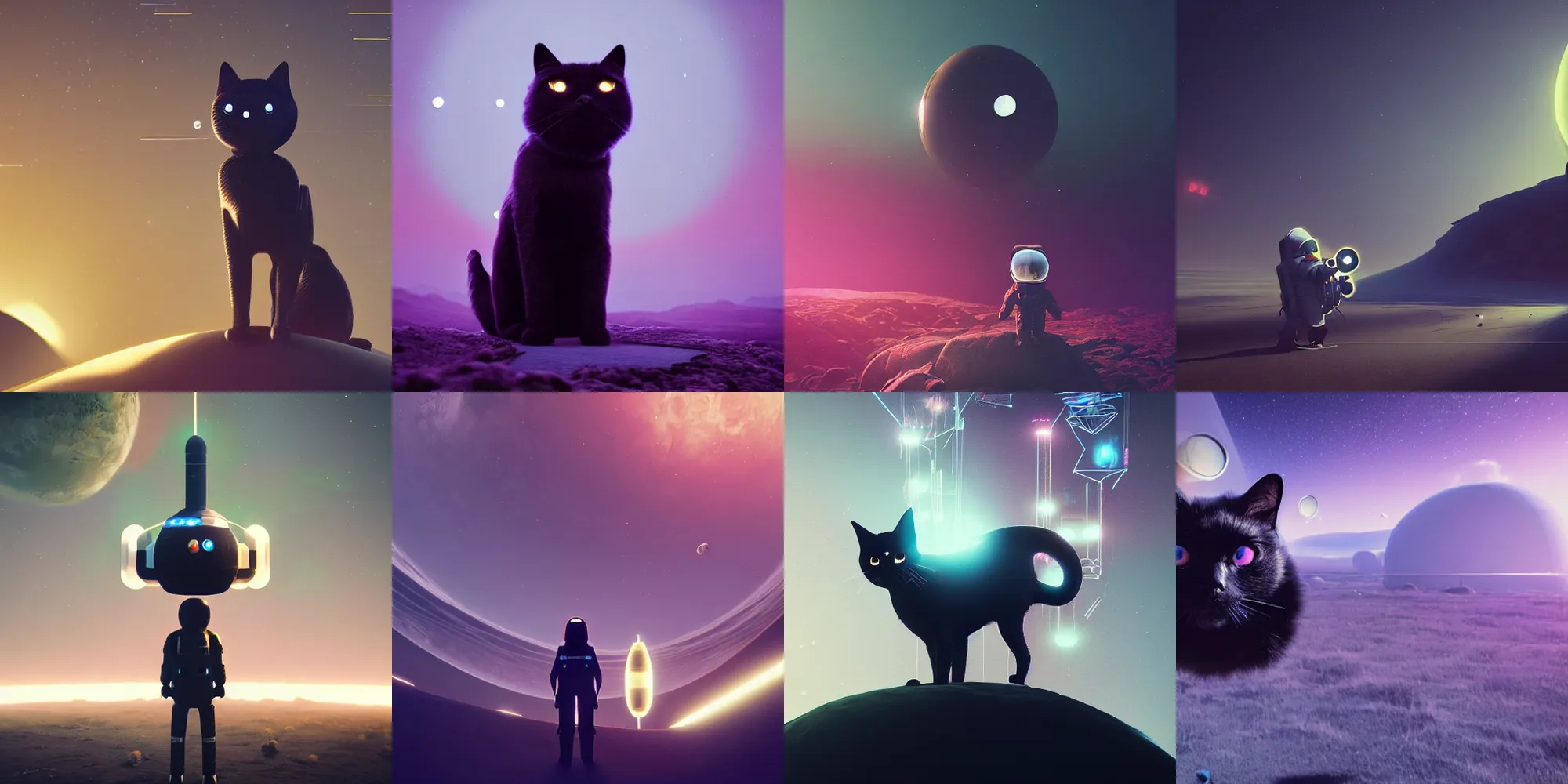 Prompt: beautiful dark landscape, a black cat dressed as an astronaut, in the style of beeple and Mike Winkelmann, intricate, epic lighting, cinematic composition, hyper realistic, 8k resolution, unreal engine 5,