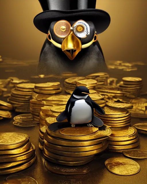 Image similar to oil painting of steampunk penguin wearing top hat sitting on pile of gold, full body, sharp focus, fantasy style, pile of gold coins on the ground, golden steampunk treasury background, octane render, volumetric lighting, 8k high definition, by greg rutkowski, highly detailed, trending on art Station