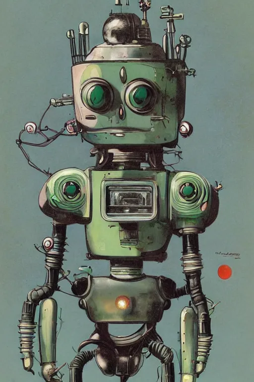 Image similar to extreme wide shot of a 1950s retro Cactus robot, with space above the head. Full Body. Bionic Arms and eyes. pop surrealism, muted colours. by Jean-Baptiste Monge, wide shot