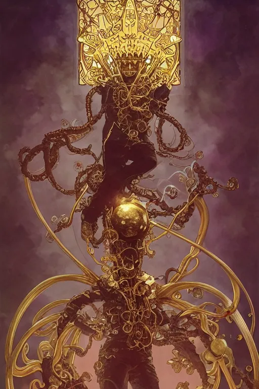 Prompt: Freddy mercury from queen, a golden crown floating above his head, tentacles coming out the ground art by Artgerm and Greg Rutkowski and Alphonse Mucha and Craig Mullins and James Jean and Andrei Riabovitchev and Marc Simonetti and peter mohrbacher, sharp focus, ominous, cosmic horror, trending on artstation, Ultra detailed, hyper realistic 4k