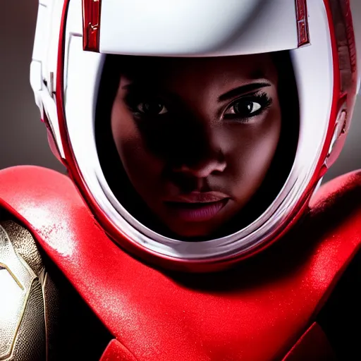 Image similar to headshot of a beautiful female soldier in glossy sleek primarily white armor with tiny red details and a long red cape, looking up at camera, determined expression, no helmet, on the surface of mars, night time, cinematic, sci-fi, hyperrealistic