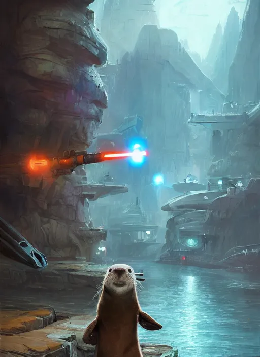 Image similar to portrait, anthropomorphic otter wearing Jedi robes wielding a blue lightsaber in a futuristic river town. Dramatic lighting, cinematic, establishing shot, extremely high detail, photo realistic, post processed, artstation, matte painting, style by eddie mendoza, raphael lacoste, alex ross