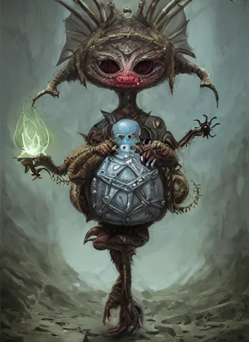 Prompt: cute little anthropomorphic pelicspider foreteller wearing dragonhell (goggles), tiny, small, miniature animal, baby animal, short, pale blue armor, cute and adorable, pretty, beautiful, DnD character art portrait, matte fantasy painting, DeviantArt Artstation, by Jason Felix by Steve Argyle by Tyler Jacobson by Peter Mohrbacher, cinematic lighting