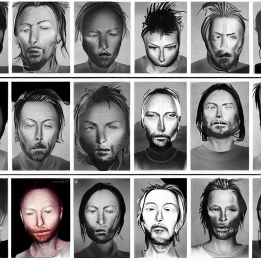 Image similar to prints of random thom yorke versions on a table, hyper realistic, many very random variations of thom yorke, various emotions, various poses, high quality photographs, mixed styles, intricate details, diverse