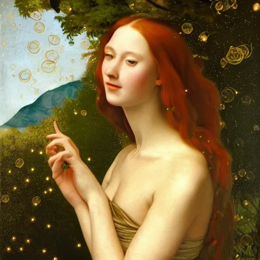 Image similar to portrait of a happy young woman, among the lights of golden fireflies and nature, long loose red hair, intricate details, green eyes, hint of freckles, round gentle face, gorgeous dress, deep focus, smooth, sharp, golden ratio, hyper realistic digital art by artemisia lomi gentileschi and leonardo da vinci and artgerm