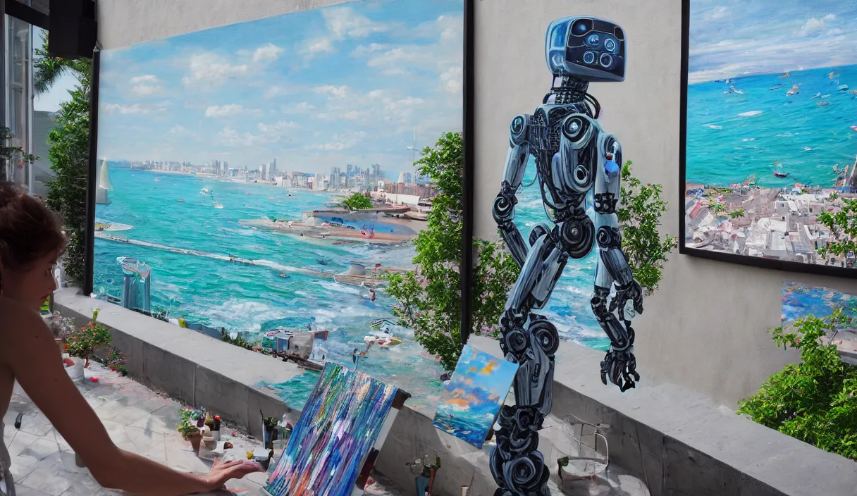 Image similar to an high resolution photo of a robot paiting a picture on a terrace over the see, hyper detailed, phoyography, realistic, art, 8 k, unreal engine, cinematic, shallow focus, f 2. 8 3 5 mm, kodak film, 3 5 mm film