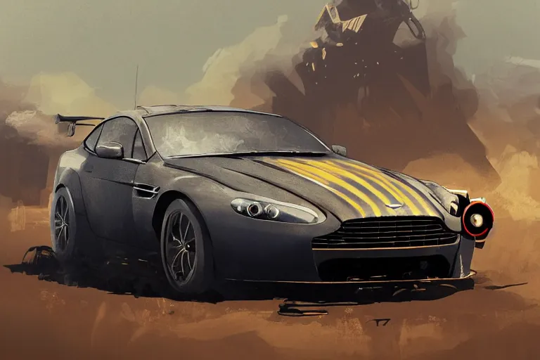 Prompt: digital illustration of mad max's aston martin v 8 vantage pursuit special, by makoto shinkai, ilya kuvshinov, lois van baarle, rossdraws, basquiat