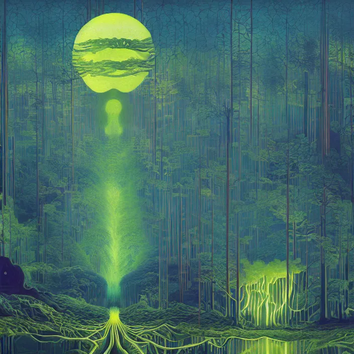 Image similar to charles burchfield art painting, beautiful arboreal forest by Adriaan Herman Gouwe, oregon washington rain forest by beeple, the sun glitchart, glitch effect sunlight, alien dream worlds, hellscape, seascape, with surreal architecture designed mega structures inspired by Garden of Earthly Delights, vast surreal landscape and horizon