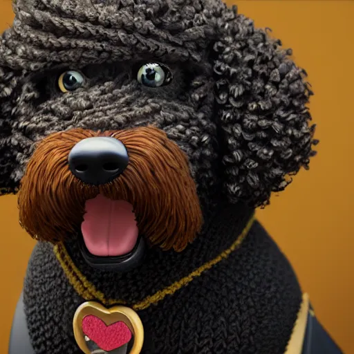 Prompt: a closeup photorealistic illustration of a smiling knitted bernedoodle judge dog dressed in a black gown, presiding over the courthouse. this 4 k hd image is trending on artstation, featured on behance, well - rendered, extra crisp, features intricate detail, epic composition and the style of unreal engine.