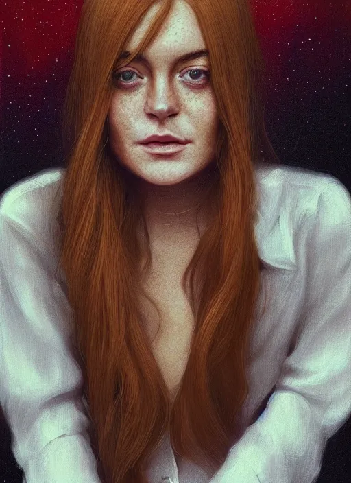 Image similar to portrait of teenage lindsay lohan, long haircut, flowing ginger hair, freckles, white shirt, red tie, smiling kindly, forest at background, 1 9 8 0 s, intricate, elegant, glowing lights, highly detailed, digital painting, artstation, concept art, smooth, sharp focus, illustration, art by wlop, mars ravelo and greg rutkowski
