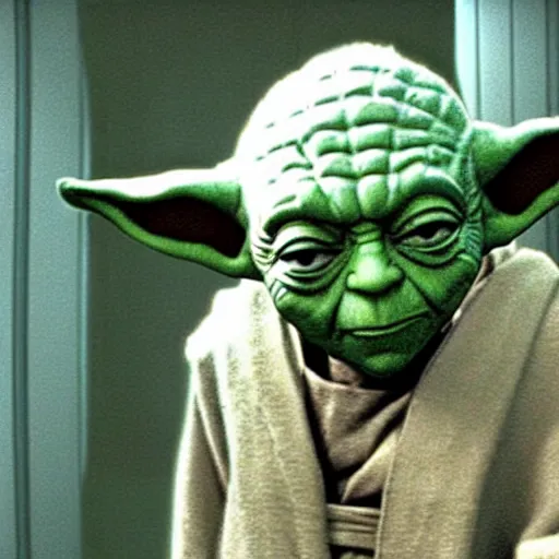Prompt: master yoda too short to use the urinal in the bathroom of the death star, movie scene from a star wars movie 1 9 9 9