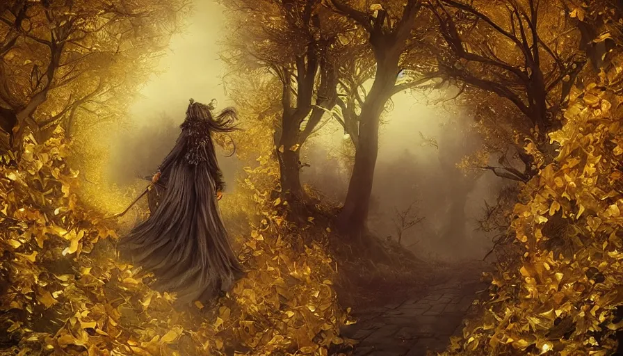 Image similar to golden leaves at frame border, creative!!! composition for a book cover!!!, absurdly beautiful, ultrafine hyperrealistic detailed old!! witch face by wlop and max liebermann and albert bierstadt, intricate linework, sharp focus, smooth, octopath traveler, final fantasy, unreal engine, dramatic lighting, ethereal, 8 k