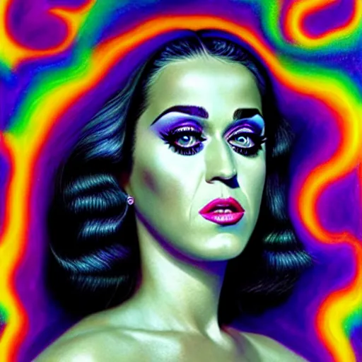 Image similar to an extremely psychedelic portrait of katy perry, surreal, lsd, face, detailed, intricate, elegant, lithe, highly detailed, digital painting, artstation, concept art, smooth, sharp focus, illustration, art by jason edmiston