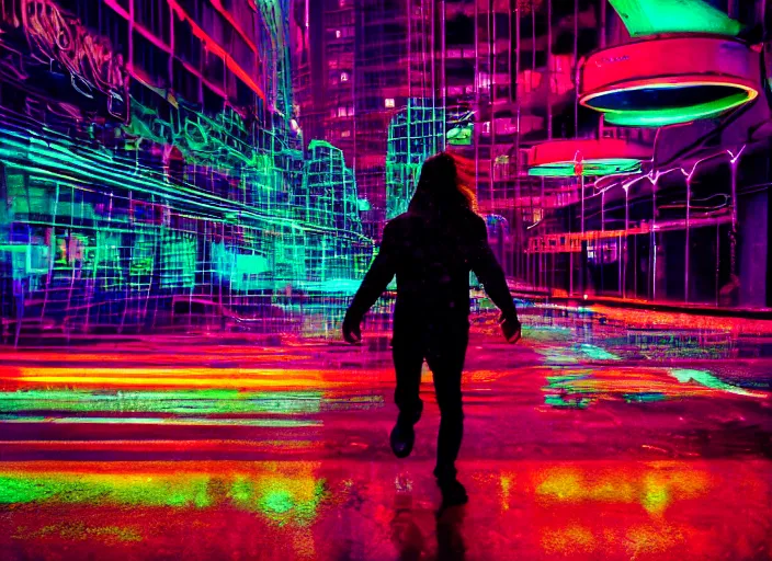 Image similar to a silhouetted person with long, flowing hair runs through an empty neon - lit brutalist city in the rain, colored gel lighting, reflective surfaces, midnight, kodak portra, 8 k art print, film grain, high contrast, hyperdetailed, chromatic aberration, dynamic pose