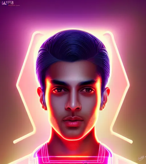 Image similar to symmetry!! indian prince of technology, solid cube of light, hard edges, product render retro - futuristic poster scifi, lasers and neon circuits, brown skin handsome indian prince, intricate, elegant, highly detailed, digital painting, artstation, concept art, smooth, sharp focus, illustration, dreamlike, art by artgerm