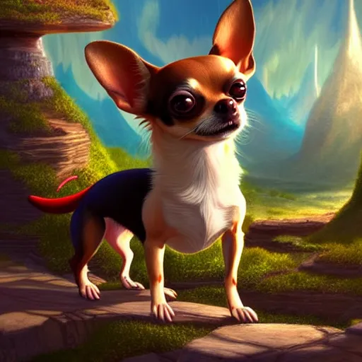 Image similar to an anthropomorphic chihuahua living in an extradimensional reality where it is a god, in the style of wlop, illustration, epic, fantasy, hyper detailed, smooth, unreal engine, sharp focus, ray tracing, physically based rendering, renderman, beautiful