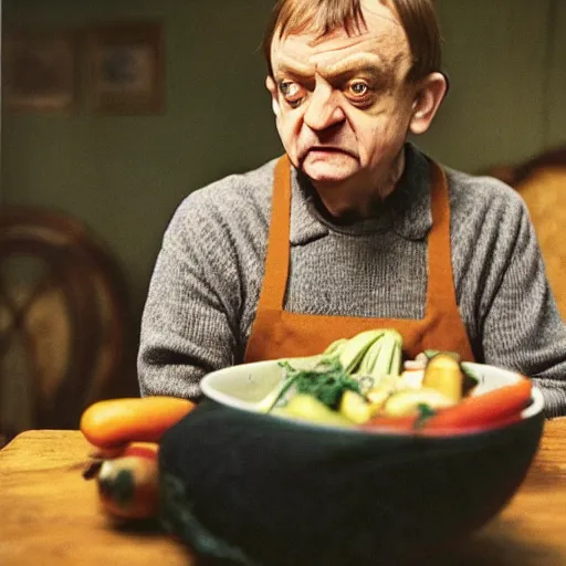 Image similar to mark e smith sitting at a table eating a big pile of vegetables, fork and knife in hand, drooling and licking and smacking his lips, photograph