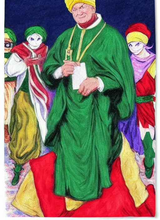 Image similar to turban and shoulder pads with cape wearing john paul ii as piccolo from dragon ball z by claude monet