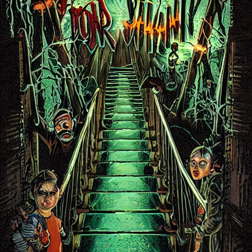 Prompt: goosebumps cover art of zombies on a dark stairway. highly detailed illustration. strong shadows. pulp horror art