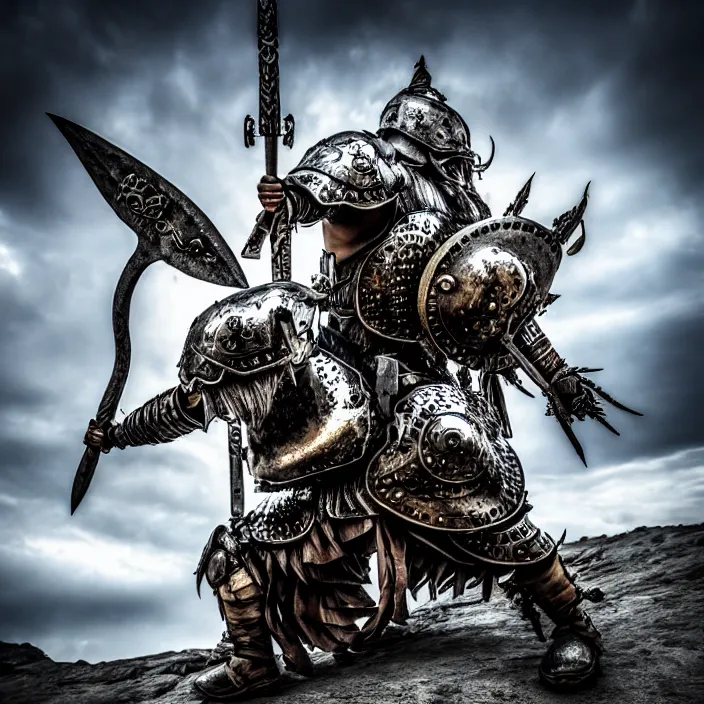 Image similar to photo of a warrior with metal whale themed armour, highly detailed, 4 k, hdr, smooth, sharp focus, high resolution, award - winning photo