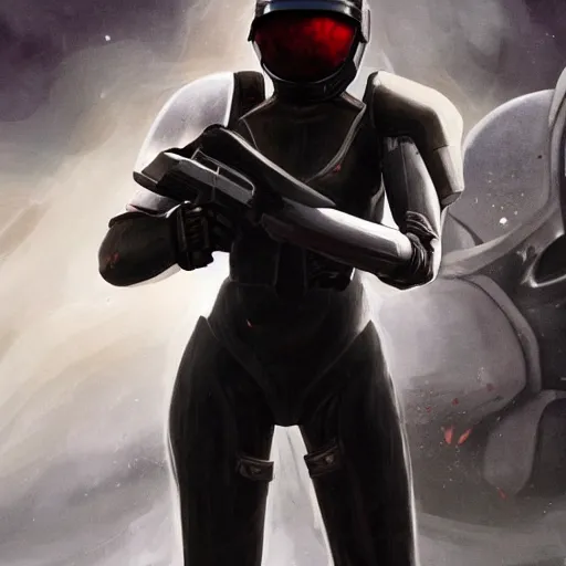 Image similar to a young female soldier with soot stained face, no makeup, in glossy sleek white bloodstained armor inspired by samus aran, long torn red cape, heroic posture, determined expression, no helmet, on the surface of mars, dramatic lighting, cinematic, sci-fi, hyperrealistic, detailed