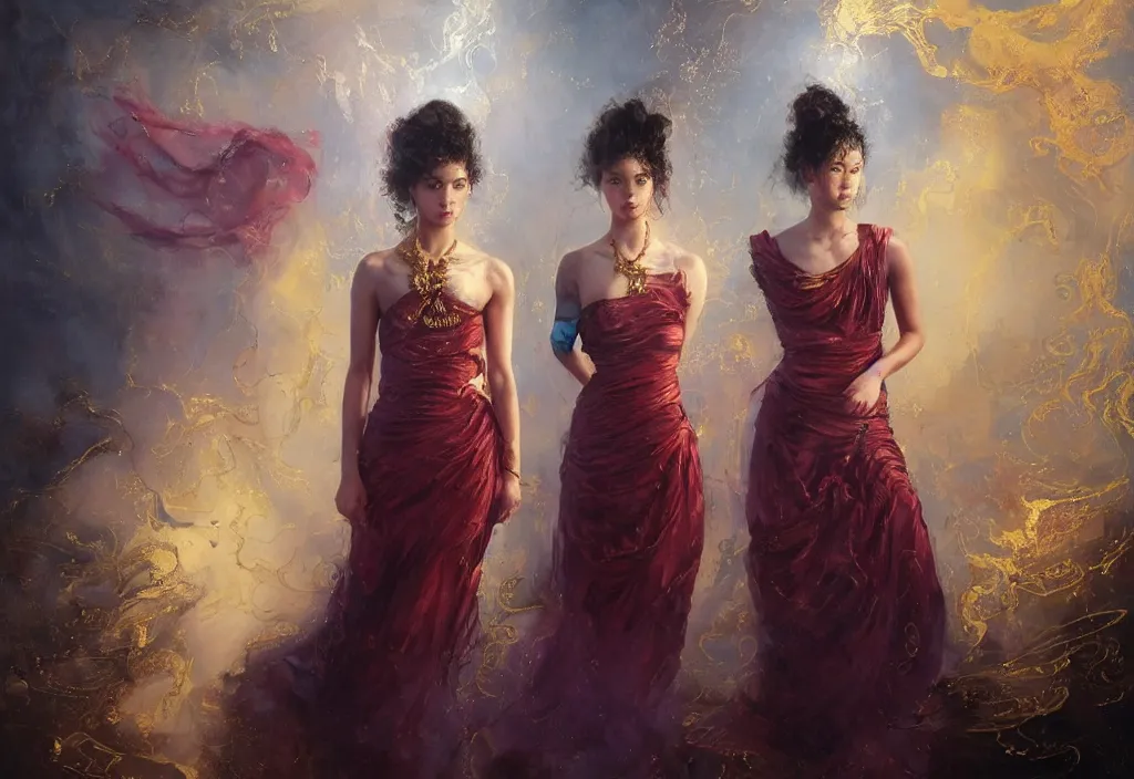 Prompt: full body portrait of a trio of 1 9 years old girl figures, curly messy high bun hairstyle, oriental tattoos, subject wearing a gold and ruby high fashion gown, flowing, ornate, beautiful, dramatic earth colors, with few vivid purple highlights, by jeremy mann and greg rutkowski, trending on artstation, oil on canvas