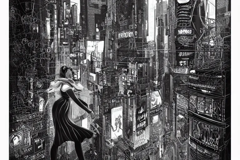 Image similar to an intricate, awe inspiring cyberpunk illustration of a girl with balloon, Times Square, by Ansel Adams ((black and white))