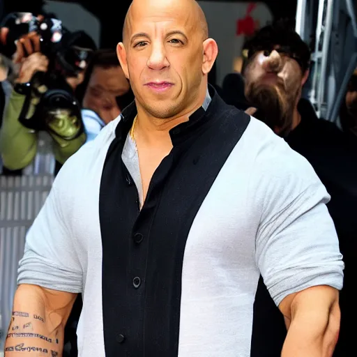 Image similar to Vin Diesel with stainted clothes and a big tummy, Vin Diesel black staints on clothes, greasy staints, Vin Diesel big tummy, tummy, Vin Diesel with a tummy