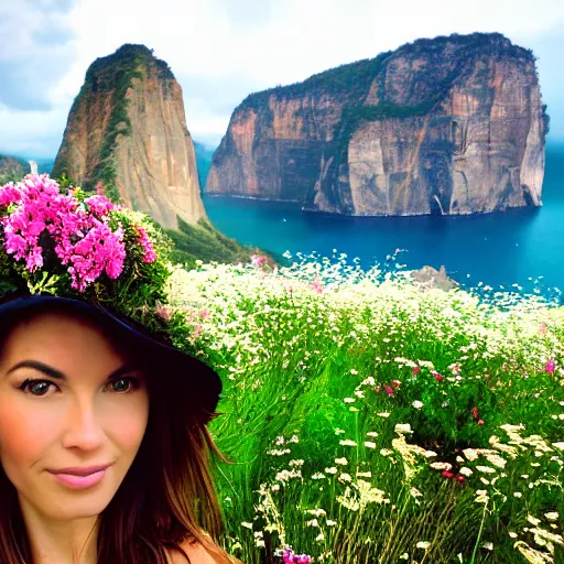 Prompt: a photograph of the most beautiful woman that has ever existed, surrounded by unique natural sightseeing accompanied by the most delicate flowers.