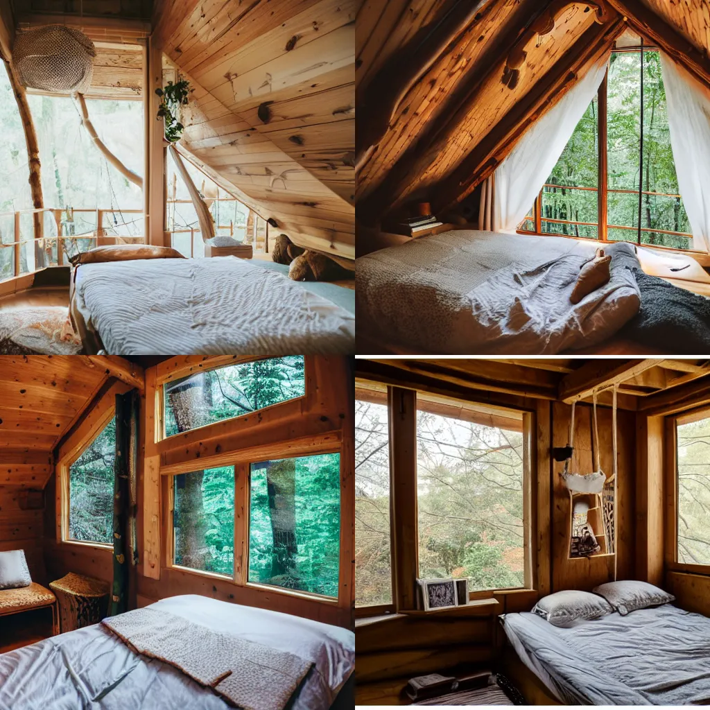 Prompt: Cozy treehouse bedroom, Sony a7R