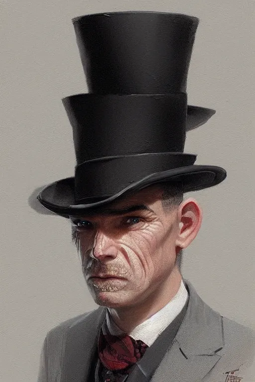 Prompt: a halfling grey hair with stubble top hat and suit by Greg Rutkowski, painting, portrait, high details, trending on artstation
