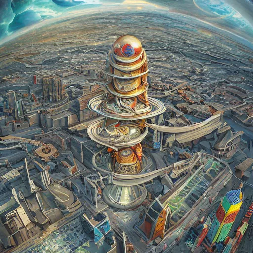 Prompt: orbit soviet city, Norilsk street, huge futuristic temple city, birds eye, vista view, peter mohrbacher, vladimir kush, michael whelan, bill stoneham, tsutomu nihei, jane graverol, kay sage, digital art, airbrush, art nouveau, intricate, clear, looming, epic, depth, artstation, highly detailed, blender, Unreal Engine, octane render, vray, 8k