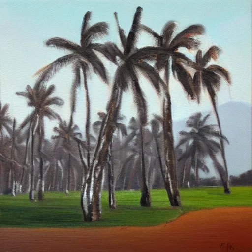 Prompt: winter landscape with large coconut trees, painting oil on board by olaf krans