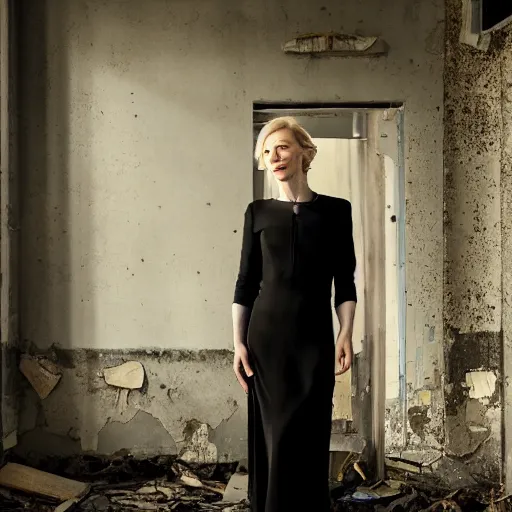 Prompt: photo of cate blanchett in an abandoned building, by Annie leibowitz, photorealisitc ,4k