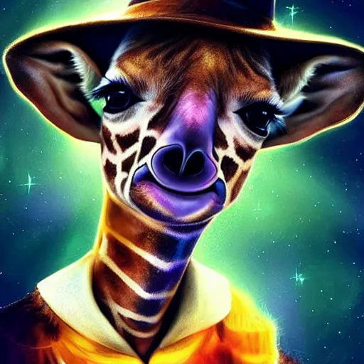 Prompt: epic professional digital airbrushed portrait art of a cute baby giraffe dressed as a magician,, best on artstation, cgsociety, wlop, Behance, pixiv, cosmic, epic, stunning, gorgeous,, masterpiece by Dorian Cleavanger and Stanley Lau,