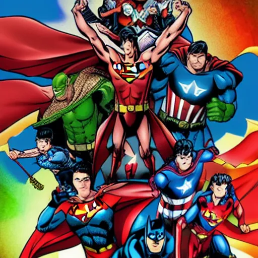 Image similar to the justice league teams up with the avengers, cartoon, highly detailed, 9 0 s, epic, dynamic, ultra hd